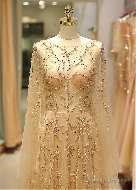 Tulle Jewel Long Sleeve Gold Beading Prom Evening Dress