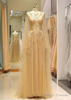Tulle Jewel Long Sleeve Gold Beading Prom Evening Dress