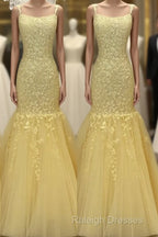 Tulle Lace Appliques Mermaid Prom Dresses Spaghetti Straps