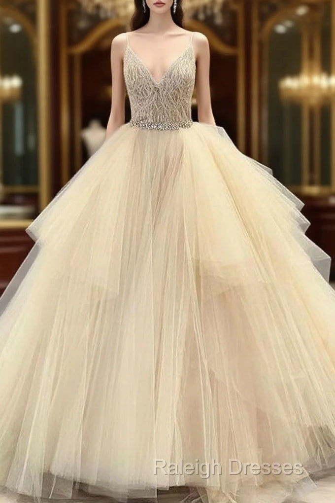 Tulle Lace Beading V-Neck Spaghetti Straps Sleeveless Floor-Length Ball Gown Prom Dress Wedding Dress Main image