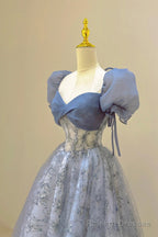 Tulle Lace Long Prom Dress, Blue Short Sleeve Evening Dress