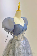 Tulle Lace Long Prom Dress, Blue Short Sleeve Evening Dress