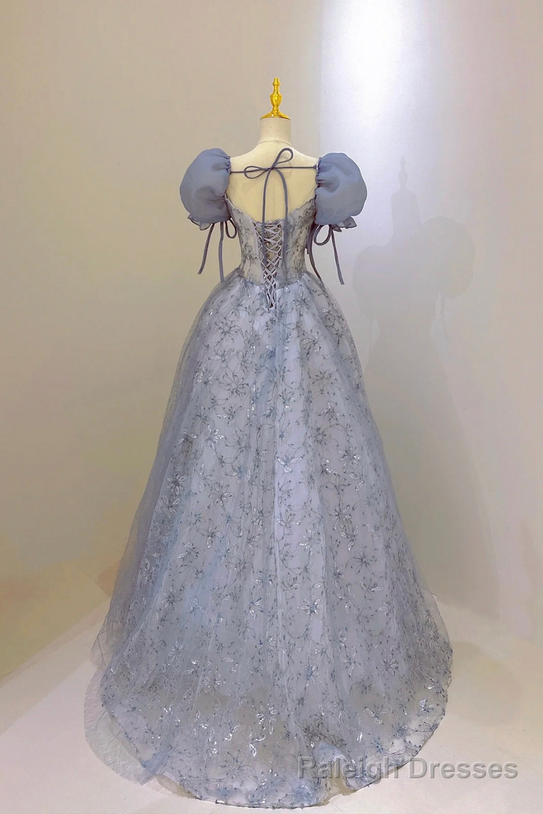 Tulle Lace Long Prom Dress, Blue Short Sleeve Prom Dress Secondary image