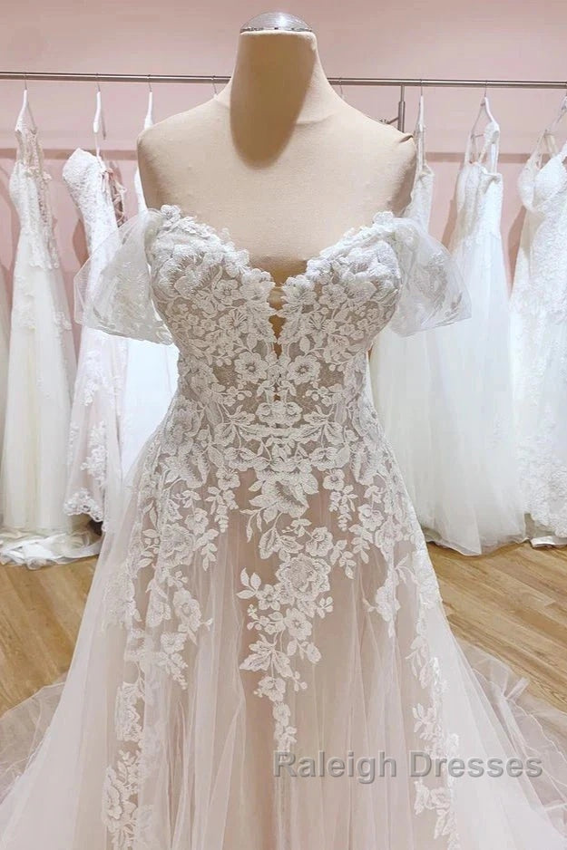 Tulle Lace Wedding Dress Off The Shoulder A-Line Bridal Dress With Sweep Train Elegant