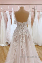 Tulle Lace Wedding Dress Off The Shoulder A-Line Bridal Dress With Sweep Train Elegant