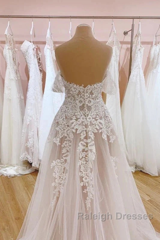 Tulle Lace Wedding Dresses Off The Shoulder A-Line Bridal Dresses With Sweep Train Elegant