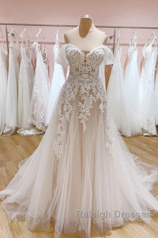 Tulle Lace Wedding Dresses Off The Shoulder A-Line Bridal Dresses With Sweep Train Elegant
