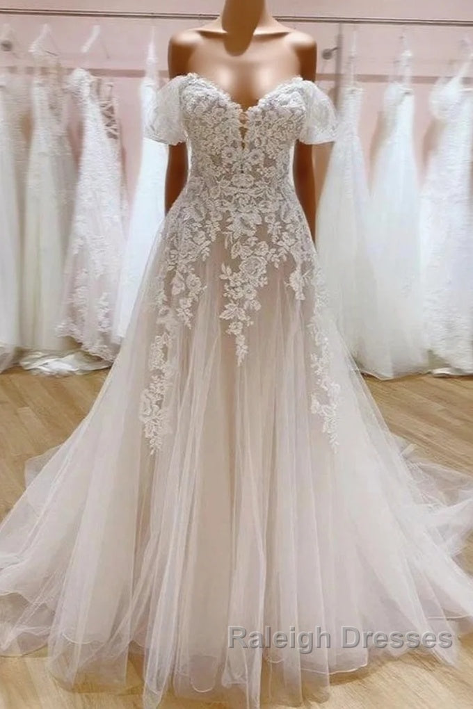 Tulle Lace Wedding Dress Off The Shoulder A-Line Bridal Dress With Sweep Train Elegant Main image