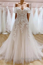 Tulle Lace Wedding Dress Off The Shoulder A-Line Bridal Dress With Sweep Train Elegant