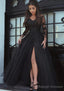 Tulle Long/Floor-Length A-Line/Princess Full/Long Sleeve Sweetheart Zipper Prom Dresses With Appliqued