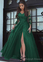 Tulle Long/Floor-Length A-Line/Princess Full/Long Sleeve Sweetheart Zipper Prom Dresses With Appliqued