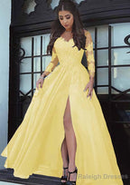 Tulle Long/Floor-Length A-Line/Princess Full/Long Sleeve Sweetheart Zipper Prom Dresses With Appliqued