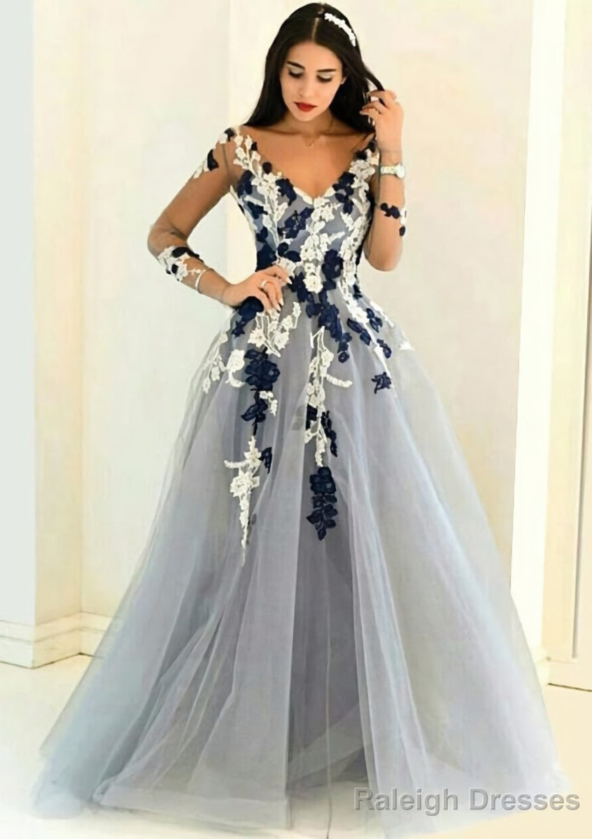 Tulle Long/Floor-Length A-Line/Princess Full/Long Sleeve V-Neck Zipper Evening Dresses With Appliqued