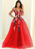 Tulle Long Dress Floor Length A Line Full/Long Sleeve V Neck Zipper Prom Dress With Appliqued