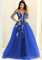 Tulle Long Dress Floor Length A Line Full/Long Sleeve V Neck Zipper Prom Dress With Appliqued