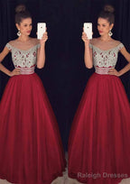 Tulle Long Dress Floor Length A Line Sleeveless Bateau Zipper Prom Dress With Beaded