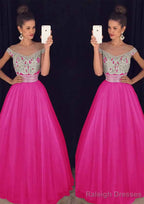 Tulle Long/Floor-Length A-Line/Princess Sleeveless Bateau Zipper Prom Dresses With Beaded