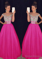 Tulle Long Dress Floor Length A Line Sleeveless Bateau Zipper Prom Dress With Beaded