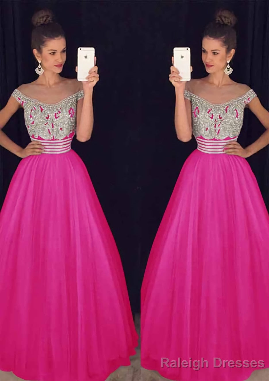 Tulle Long Dress Floor Length A Line Sleeveless Bateau Zipper Prom Dress With Beaded
