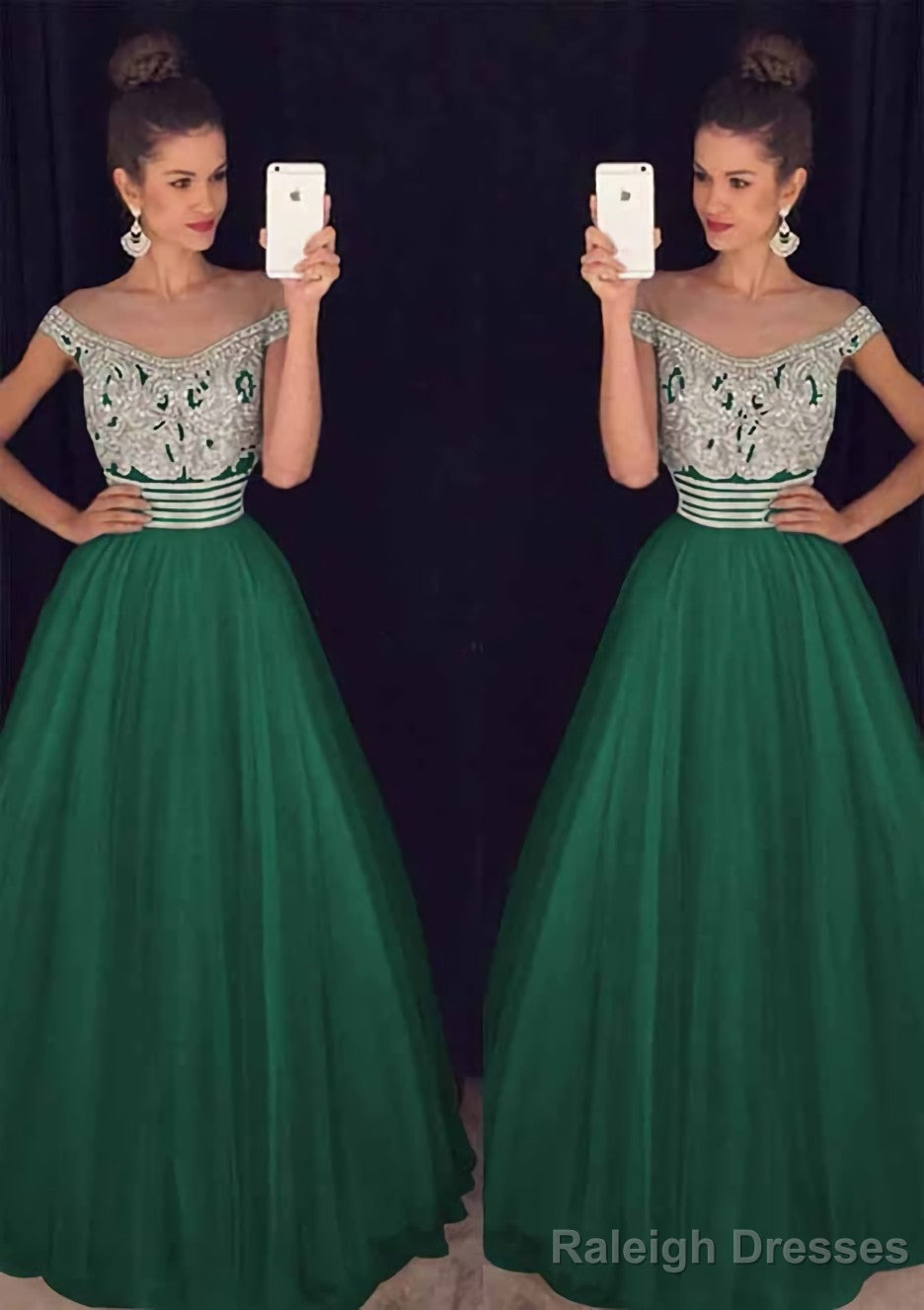 Tulle Long/Floor-Length A-Line/Princess Sleeveless Bateau Zipper Prom Dresses With Beaded