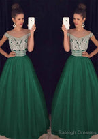 Tulle Long Dress Floor Length A Line Sleeveless Bateau Zipper Prom Dress With Beaded