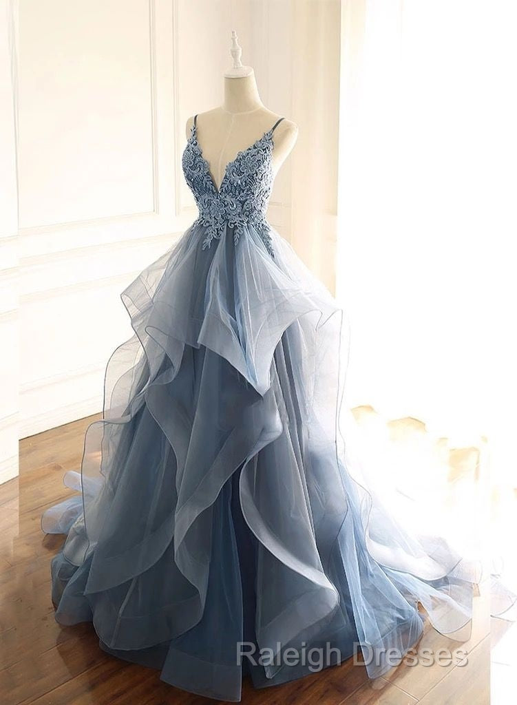 Tulle Long Prom Dress With Spaghetti Straps And Ruffled Floor Length Skirt