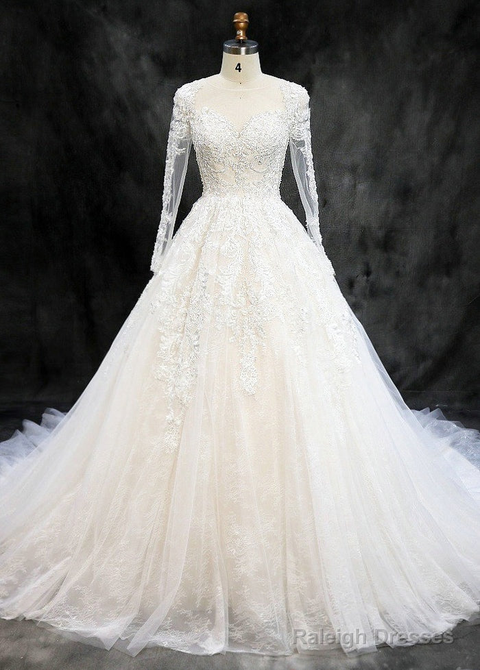 Tulle Long Sleeves Lace Sweep Train Wedding Dresses Main image