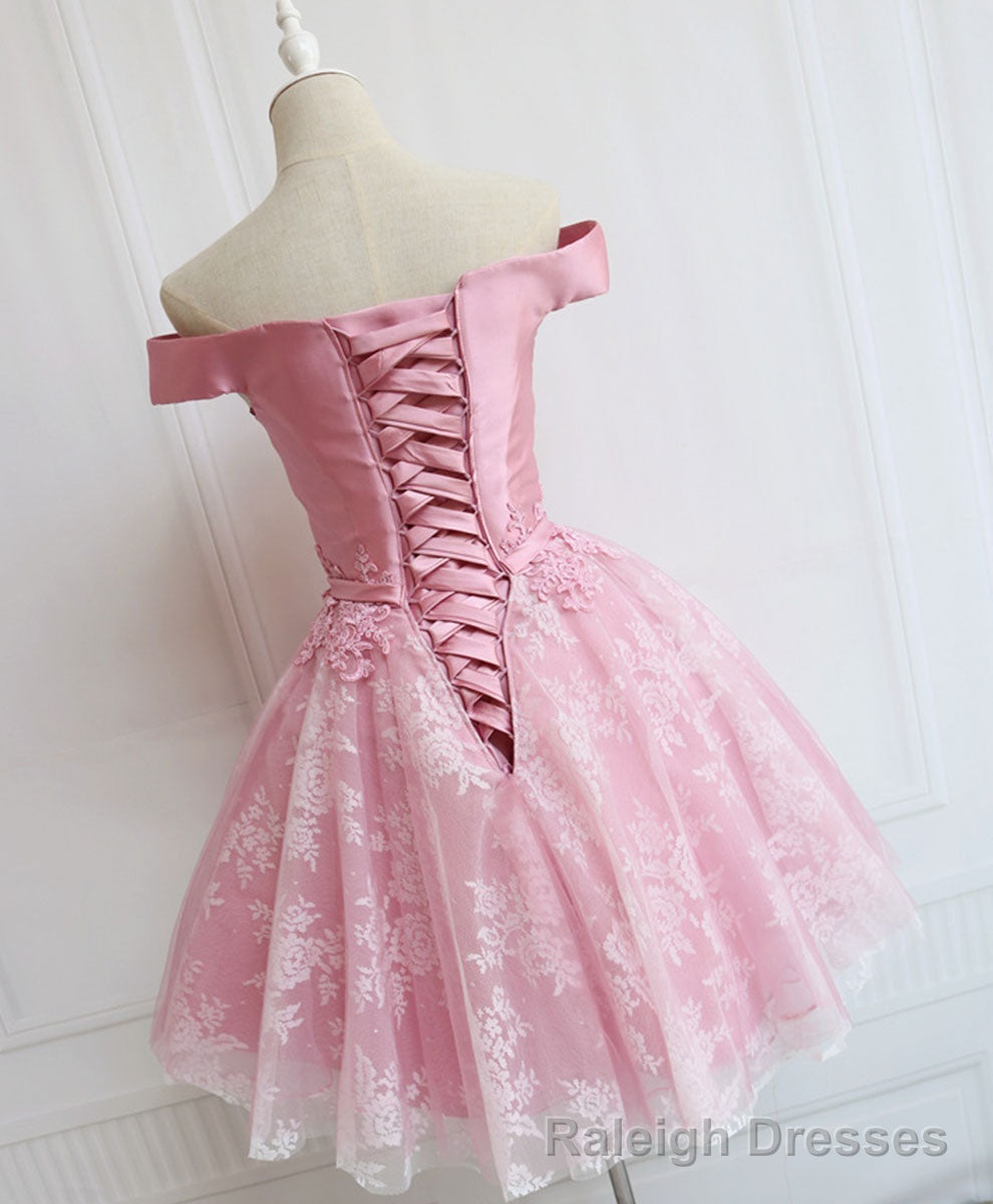 Tulle Of Shoulder Lace Short Pink Prom Dress Lace Homecoming Dress Secondary image