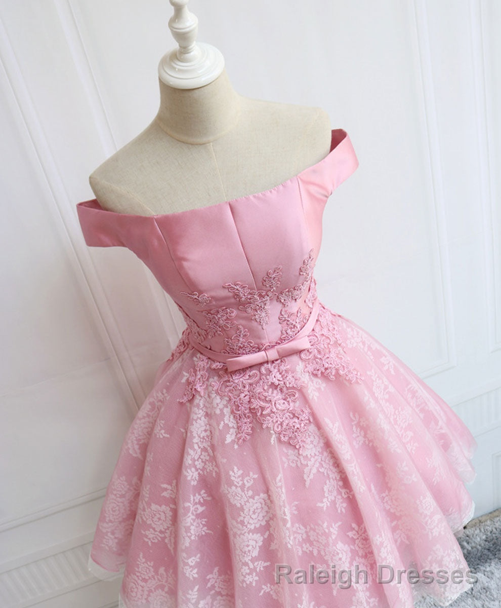 Tulle Of Shoulder Lace Short Pink Prom Dress Lace Homecoming Dress