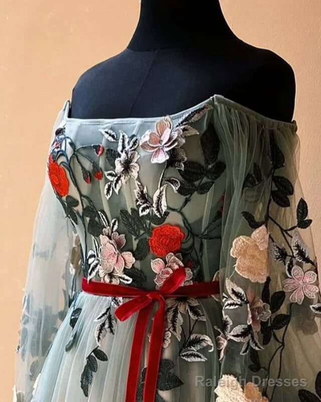 Tulle Off The Shoulder 3D Lace Dress With Split