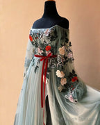 Tulle Off The Shoulder 3D Lace Dress With Split