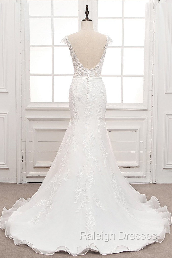 Tulle & Organza Bateau Mermaid Wedding Dresses With Lace Appliques & Belt