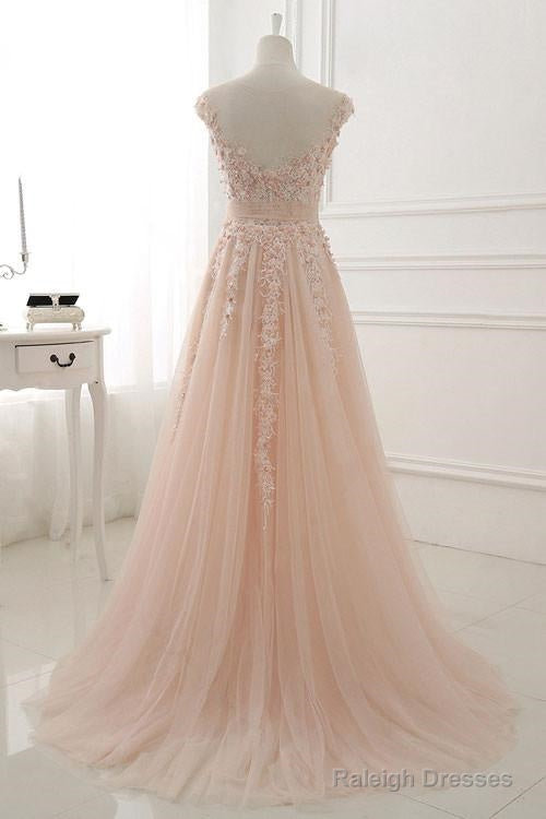 Tulle Pink Round Neck Lace Applique Long Prom Dresses