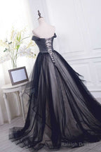 Tulle Pleats Black Off The Shoulder Long Prom Dresses