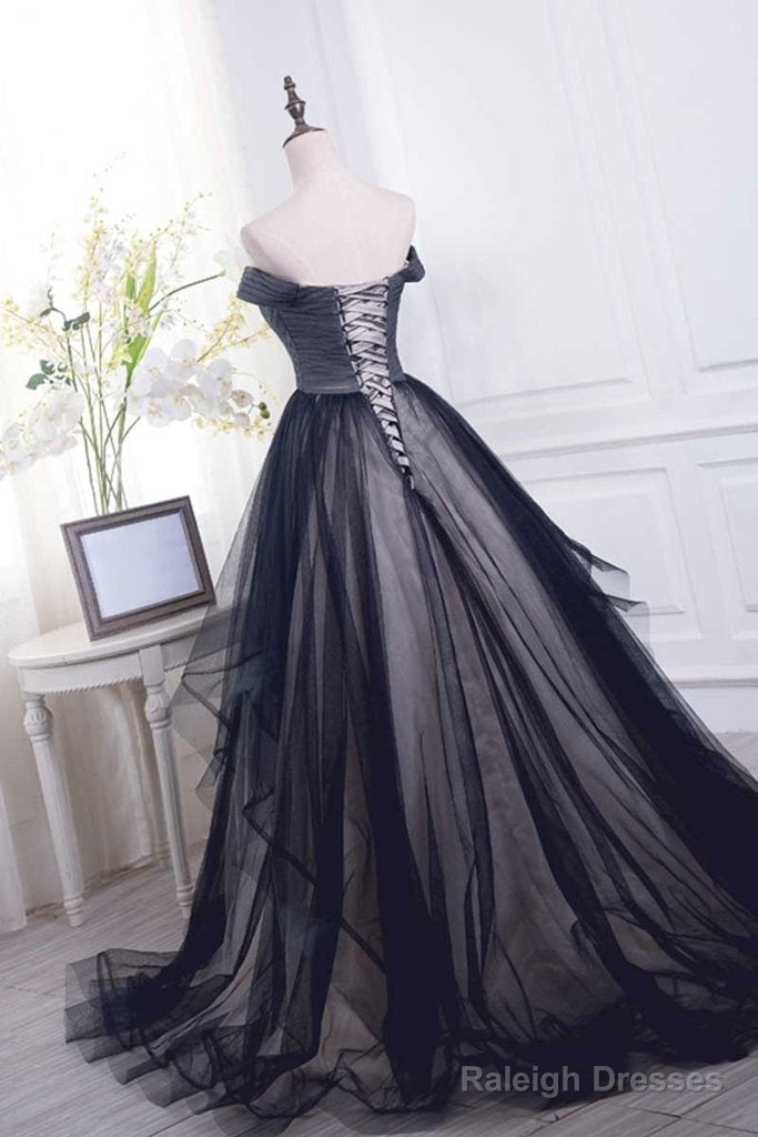 Tulle Pleats Black Off The Shoulder Long Prom Dresses