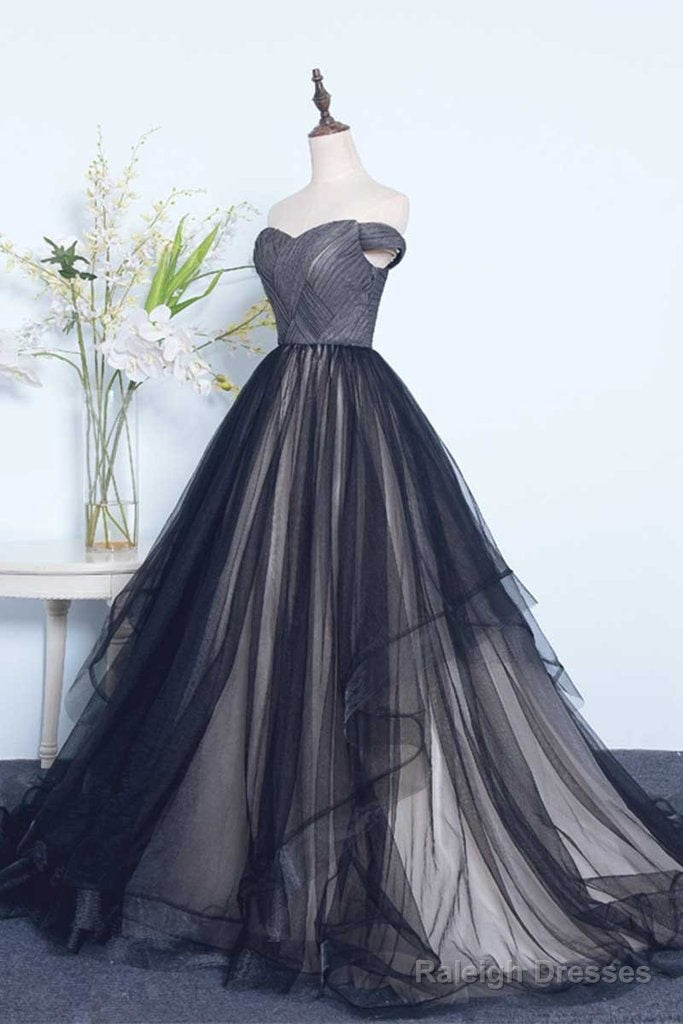 Tulle Pleats Black Off The Shoulder Long Prom Dresses