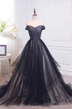 Tulle Pleats Black Off The Shoulder Long Prom Dresses