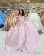 Tulle Princess Off Shoulder Long Prom Dresses Long Strapless Pink Flower Appliqu¨¦S Prom Dresses