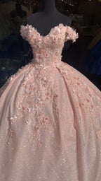 Tulle Princess Off Shoulder Long Prom Dresses Long Strapless Pink Flower Appliqu¨¦S Prom Dresses