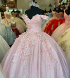 Tulle Princess Off Shoulder Long Prom Dresses Long Strapless Pink Flower Appliqu¨¦S Prom Dresses