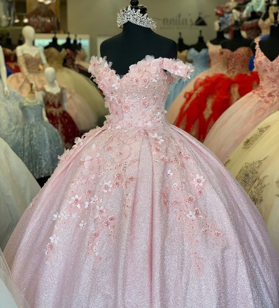 Tulle Princess Off Shoulder Long Prom Dresses Long Strapless Pink Flower Appliqu¨¦S Prom Dresses