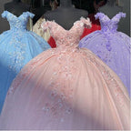 Tulle Princess Off Shoulder Long Prom Dresses Long Strapless Pink Flower Appliqu¨¦S Prom Dresses