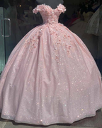 Tulle Princess Off Shoulder Long Prom Dresses Long Strapless Pink Flower Appliqu¨¦S Prom Dresses