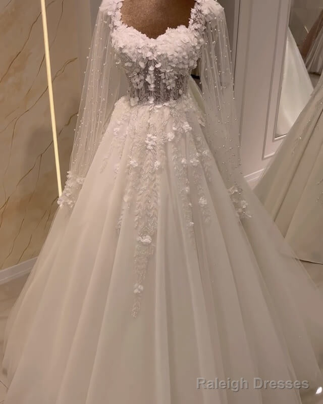 Tulle Princess Wedding Dress Long Sleeve With 3D Flowers Secondary image