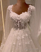 Tulle Princess Wedding Dress Long Sleeve With 3D Flowers