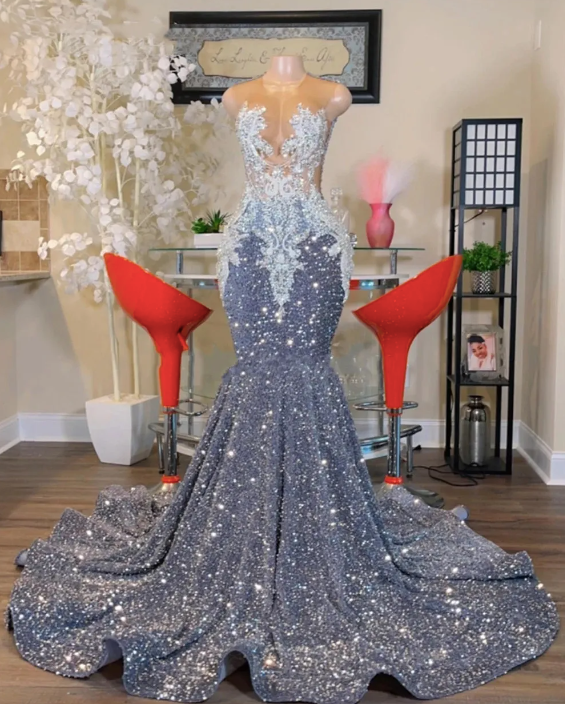 O Neck Silver Prom Dress Plus Size Prom Dress Sparkly Prom Dresses Beaded Applique Prom Dress Secondary image