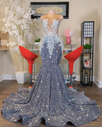 O Neck Silver Prom Dress Plus Size Prom Dress Sparkly Prom Dresses Beaded Applique Prom Dress