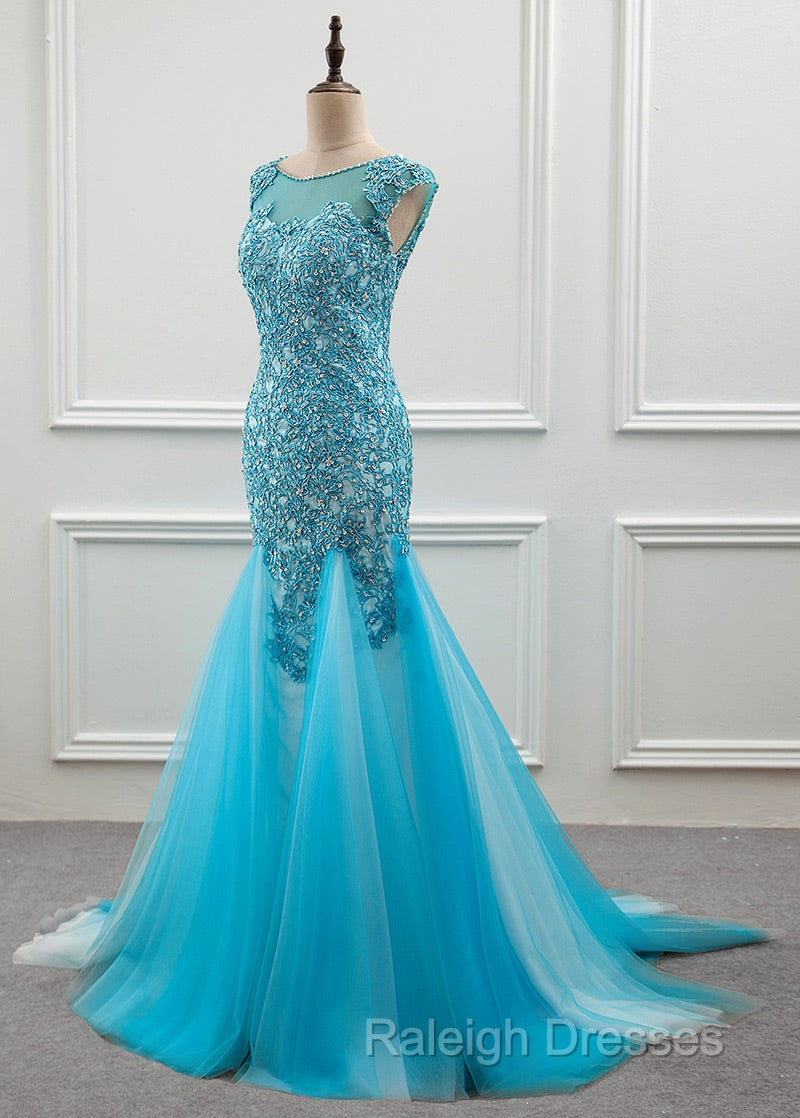 Tulle Scoop Mermaid Prom Dresses With Beaded Lace Appliques Secondary image