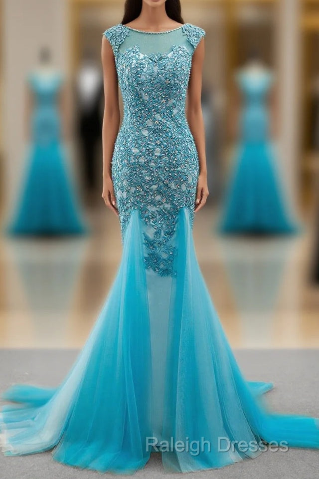 Tulle Scoop Mermaid Prom Dresses With Beaded Lace Appliques Main image