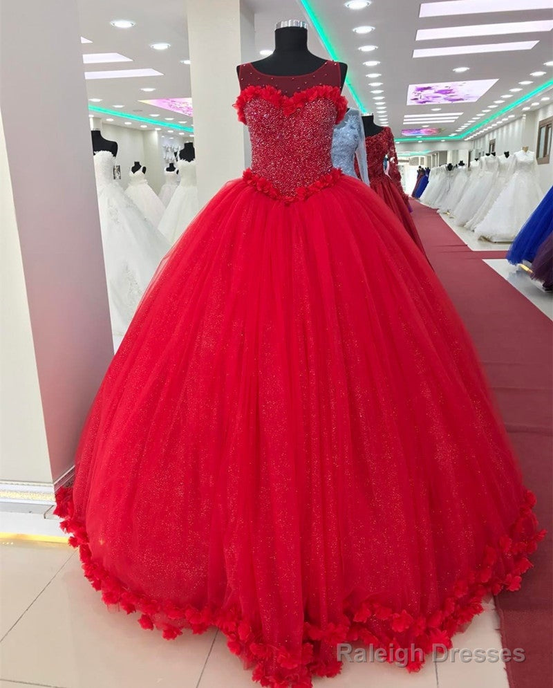Tulle Scoop Neck Crystal Beaded Bodice Ball Gown Flower Wedding Dress